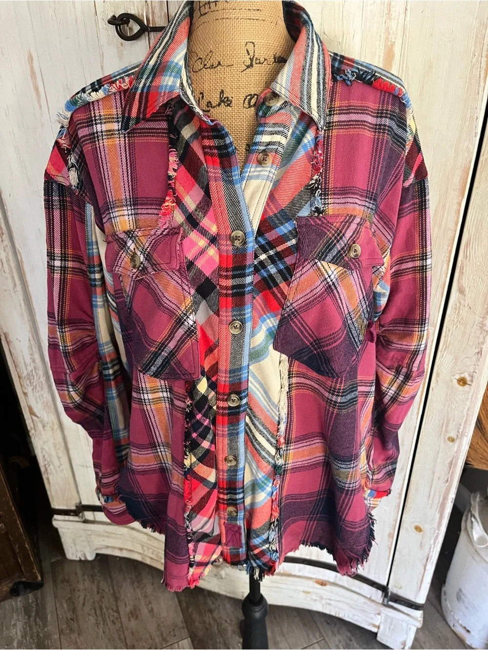 Free People We the Free patched up plaid button down shirt